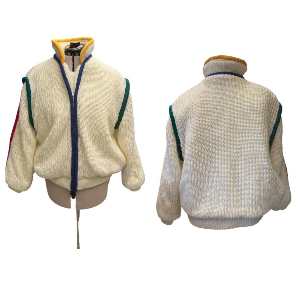 Vintage Rochelle Cable Knit Sherpa Lined Full Zip Sweater Jacket Cream Size XL